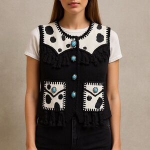 Michael Simon Southwestern Cowgirl Fringe Vest Black White Turquoise Large‎